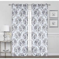 Printed Blackout Grommet Curtain 54 in. x 84 in. Grey Tropical Leaves ...